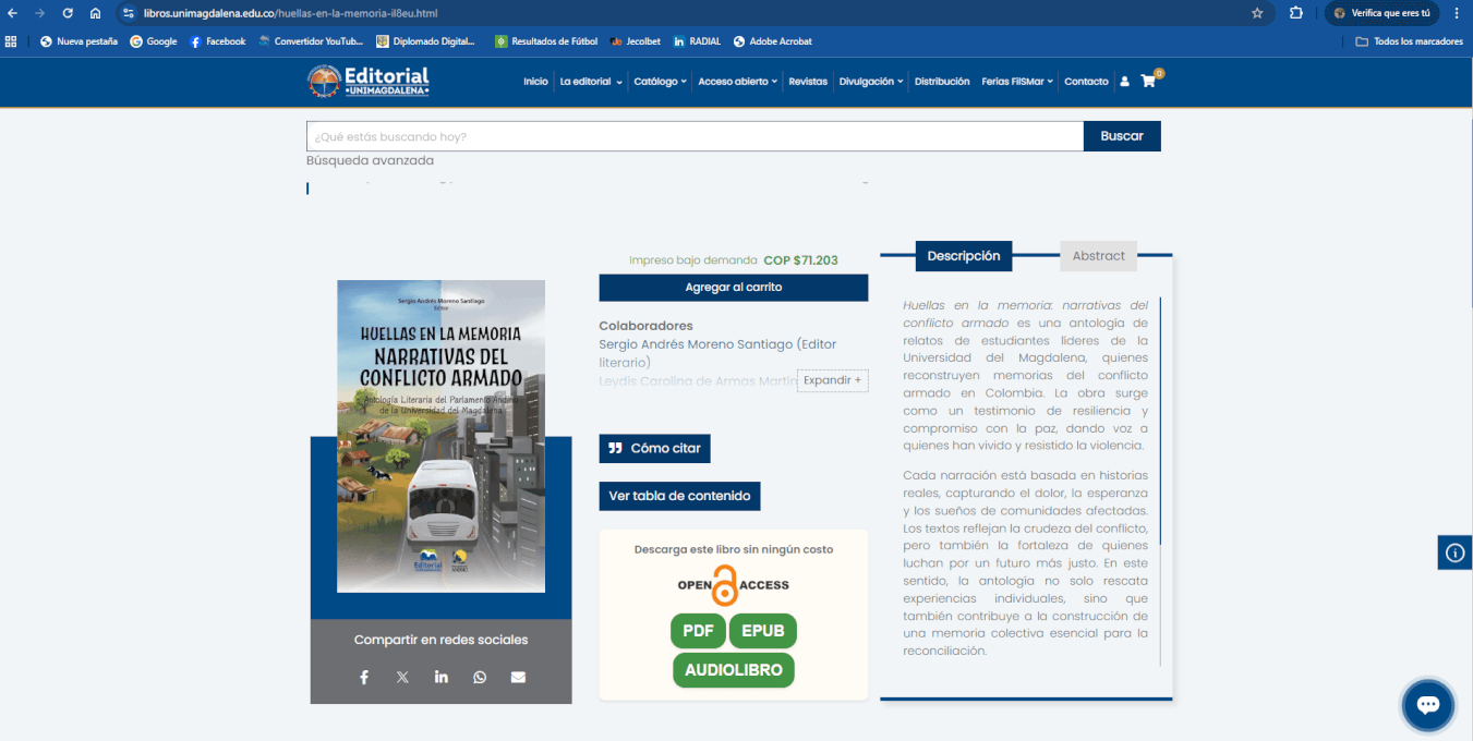 Para acceder al formato audiolibro es necesario ingresar a la página web https://editorial.unimagdalena.edu.co/ , dar clic a la sección Acceso Abierto, seleccionar la obra digital y así tendrán la posibilidad de escoger tres opciones para descargar d