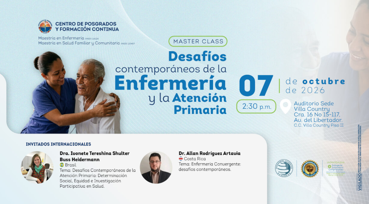 Afiche de la jornada «Desafíos contemporáneos de la Enfermería y la Atención Primaria», organizada por la Maestría en Enfermería de la Universidad del Magdalena, con invitados internacionales de Brasil y Costa Rica. Evento el 7 de octubre de 2026, a