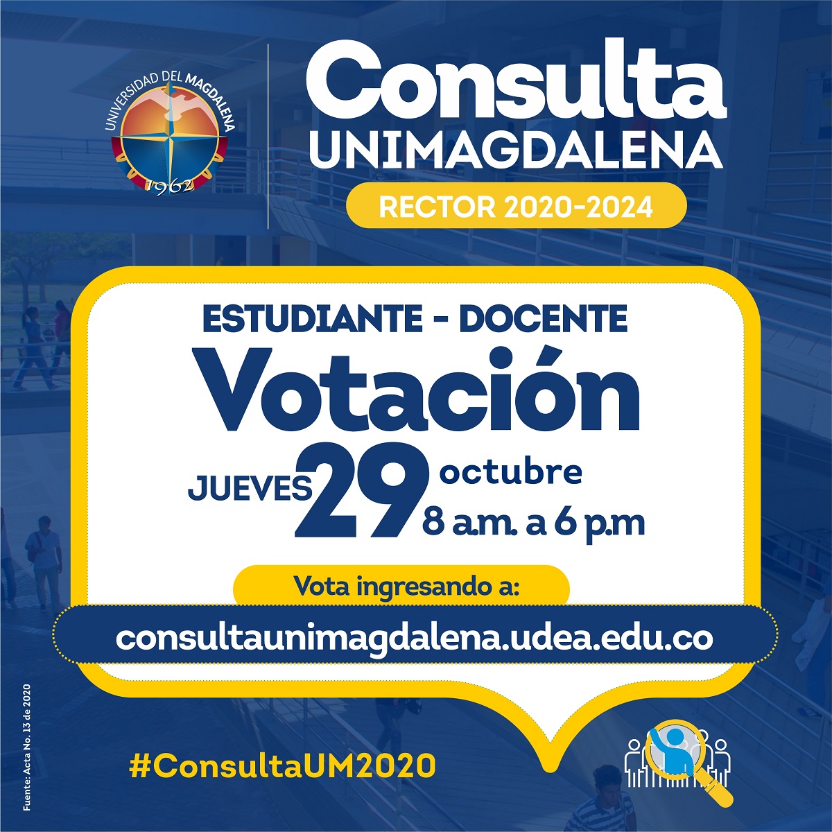 Mañana jueves 29 de octubre, de 8:00 a.m. a 6:00 p.m., se realizará la jornada de votación electrónica de la Consulta de la Universidad del Magdalena