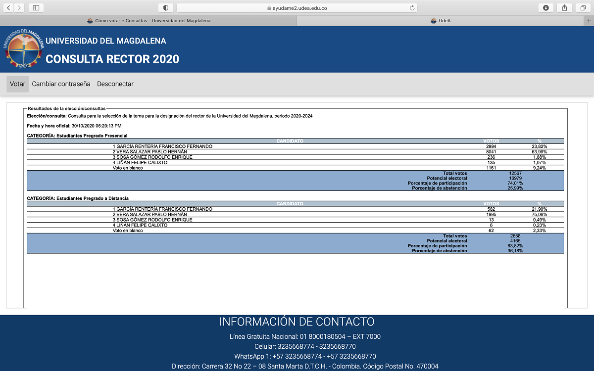 Histórica participación: 16.930 personas votaron en la Consulta para seleccionar la terna para rector 2020-2024 de UNIMAGDALENA