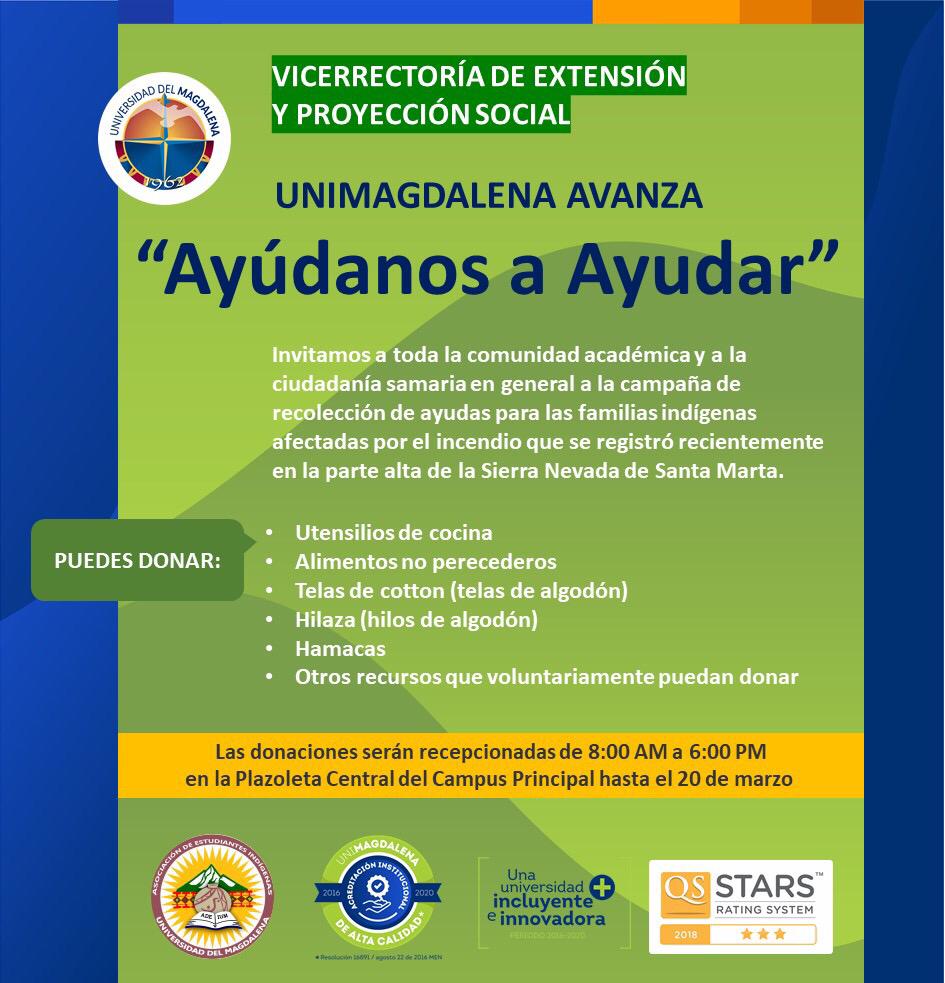 UNIMAGDALENA inició campaña de recolección de ayudas para comunidad indígena afectada por el incendio en Sierra Nevada
