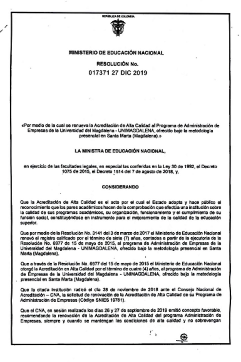 Programa de Administración de Empresas de UNIMAGDALENA renovó Acreditación por alta calidad