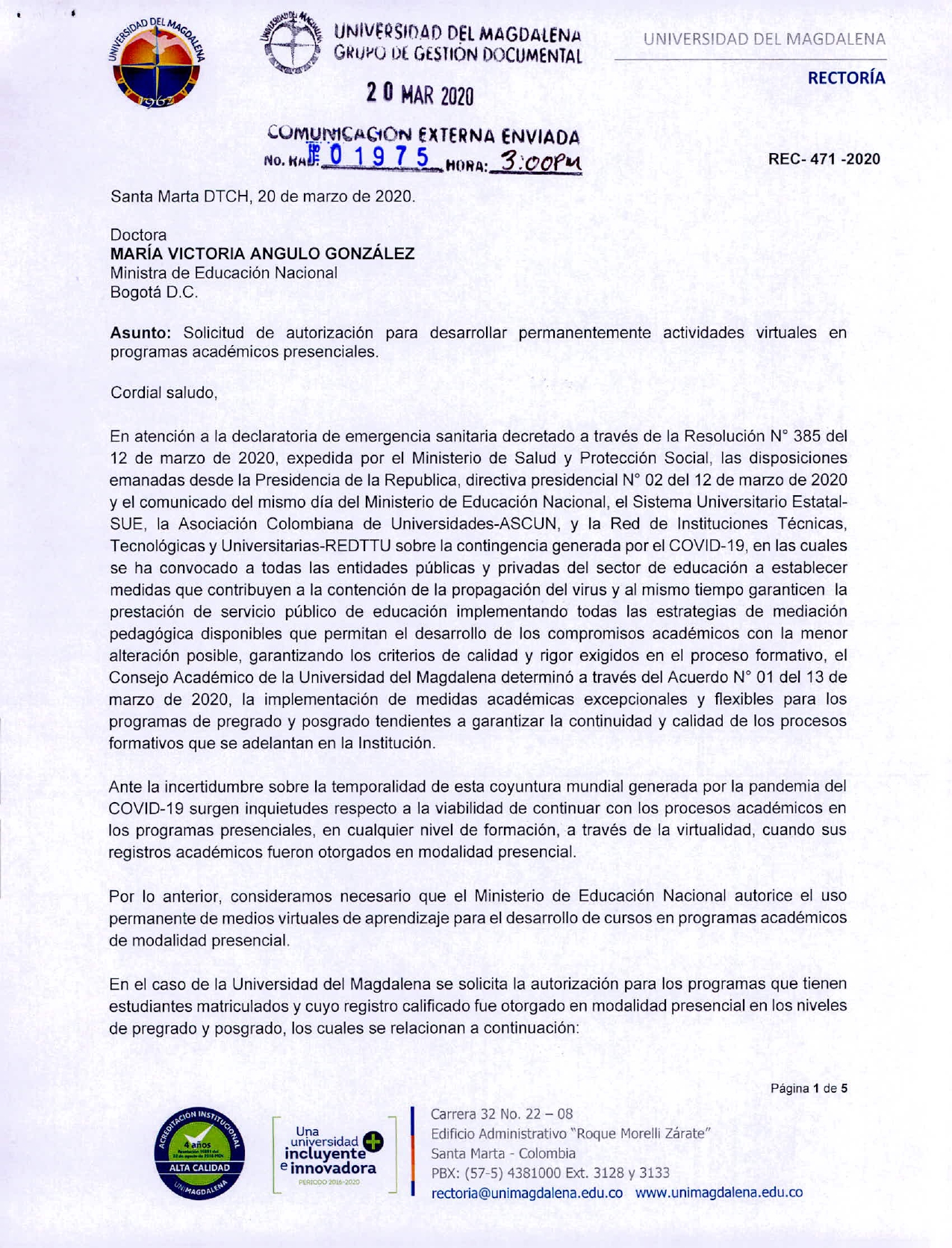 Gobierno Nacional autoriza a UNIMAGDALENA para ofrecer virtualidad académica transitoria