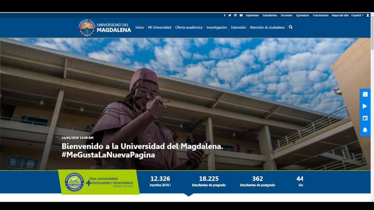 Pantallazo de la nueva página principal de la Universidad del Magdalena