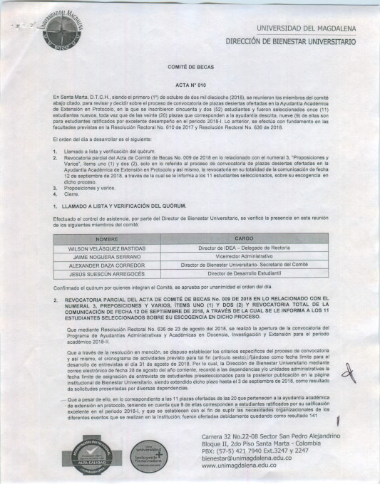 ACTA N° 010 DEL COMITÉ DE BECAS