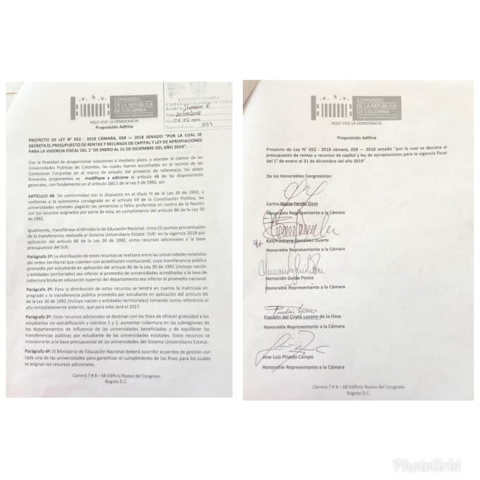 El documento con la proposición aditiva firmada presentada ante el Congreso por los Representantes a la Cámara del Departamento del Magdalena.