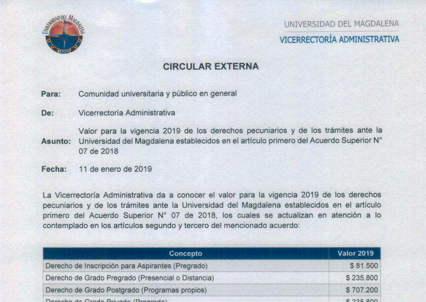 Valores de derechos pecuniarios y trámites