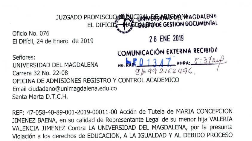 Publicación En Cumplimiento de Auto de Acción de Tutela - Auto Oficio 076