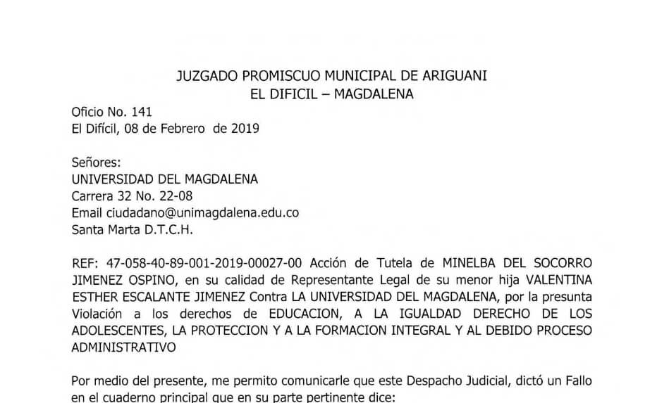 Publicación En Cumplimiento de Auto de Acción de Tutela