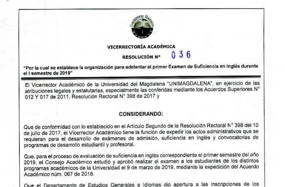 Resolución No. 036 de 2019 - Examen de suficiencia en inglés