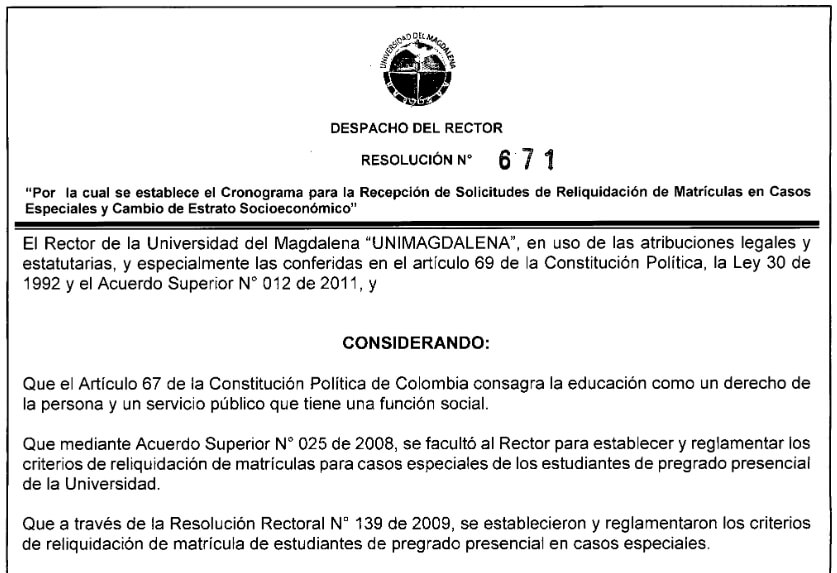 Cronograma para la Recepción de Solicitudes de Reliquidación de Matriculas en Casos Especiales y Cambio de Estrato Socioeconómico