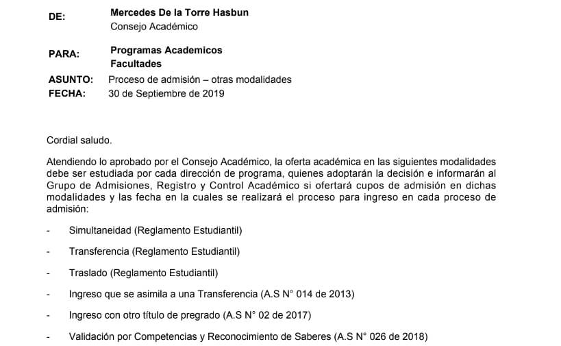Proceso de admisión - otras modalidades
