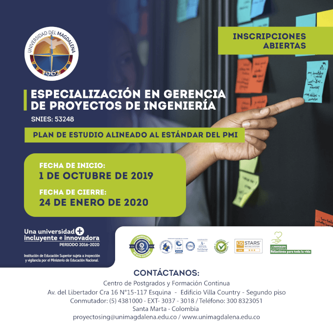 Calendario académico especial para el programa de Especialización de Gerencia de Proyectos de Ingeniería