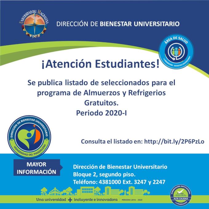 Listado de estudiantes seleccionados para el programa de Almuerzos y Refrigerios Gratuitos. 2020-I
