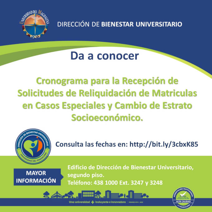 Cronograma para la Recepción de Solicitudes de Reliquidación de Matriculas en Casos Especiales y Cambio de Estrato Socioeconómico.