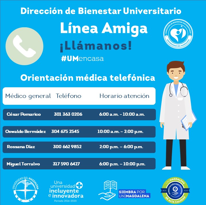 Bienestar Universitario ofrece atención en servicios del área de Salud vía telefónica