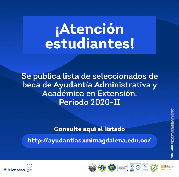 La Dirección de Bienestar Universitario se permite publicar la Resolución Rectoral N° 543 de 2020 "Por medio de la cual se establece la lista de seleccionados de la convocatoria a proveer Becas de Ayudantía Administrativa y Académica en Extensión.