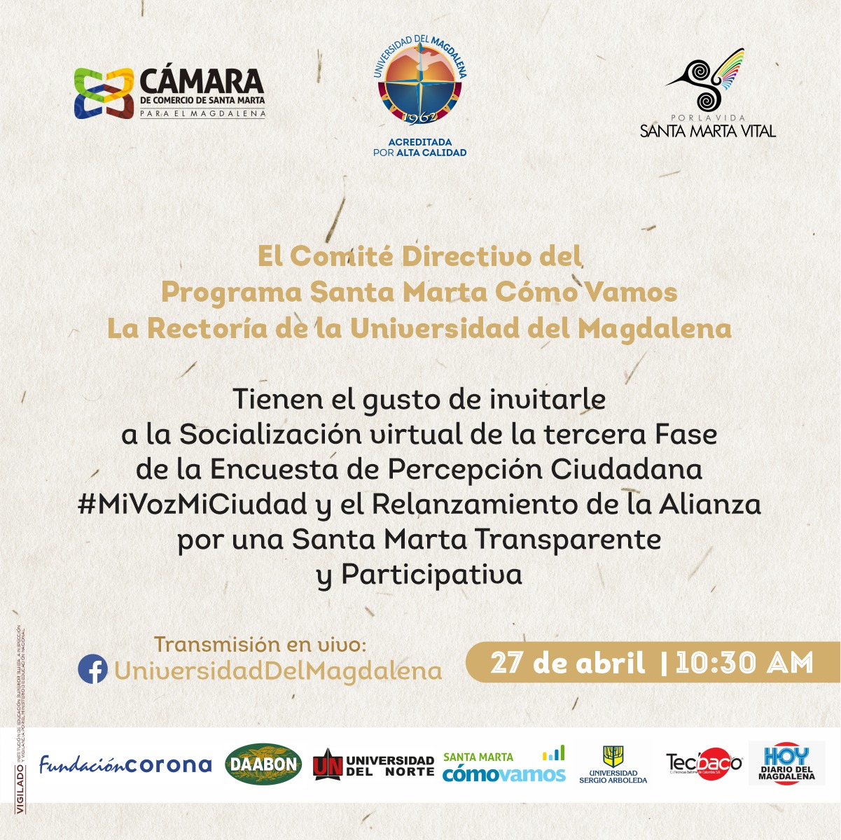Santa Marta Cómo Vamos presentará resultados de la encuesta #MiVozMiCiudad durante la pandemia Covid-19 en UNIMAGDALENA