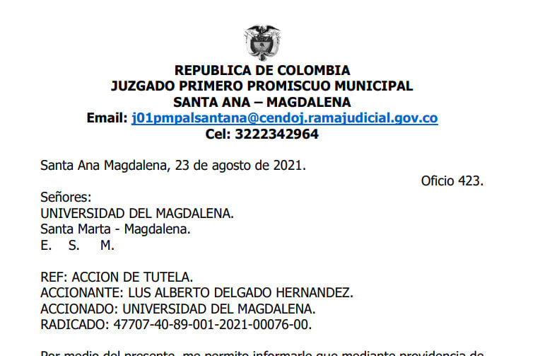 Providencia de fecha 23 de agosto de 2021 expedida por el Juzgado Primero Promiscuo Municipal de Santa Ana (Magdalena), en el marco de la acción de tutela instaurada por LUIS ALBERTO DELGADO HERNANDEZ en representación de la menor VALENTINA HERNANDEZ