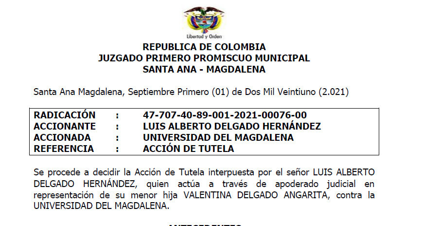 Fallo de Tutela de fecha 01 de septiembre de 2021