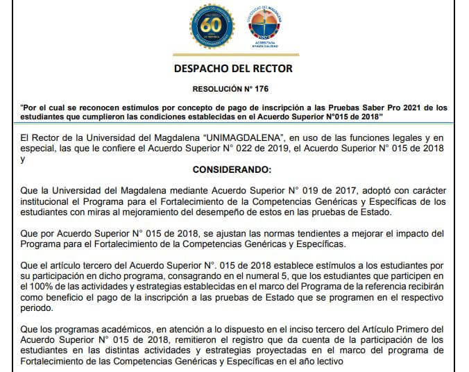Resolución N° 176. Por el cual se reconocen estímulos por concepto de pago de inscripción a las Pruebas Saber Pro 2021