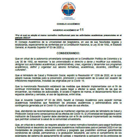Marco normativo institucional de las actividades académicas del periodo 2022-2