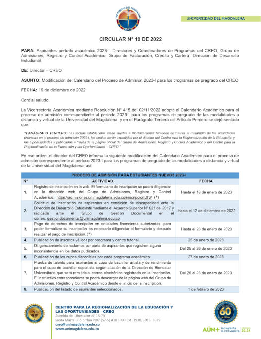 CIRCULAR N° 19 DE 2022