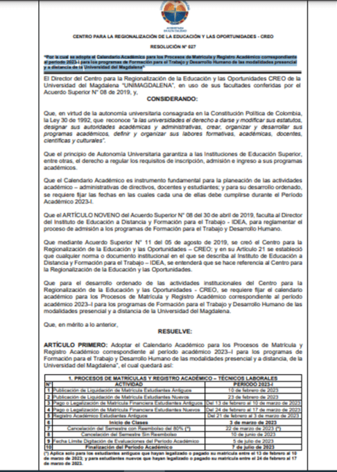 CALENDARIO ACADÉMICO 2023 1