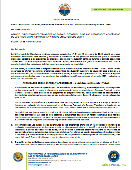 Circular N° 02 del 01-02-2023 Orientaciones Académicas 2023-I CREO