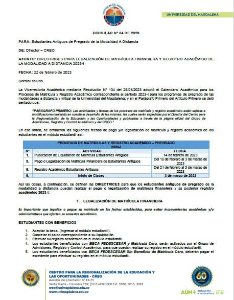 Circular N° 04 del 22-02-2023 Directrices Matrícula y Registro Estudiantes Antiguos Modalidad Distancia