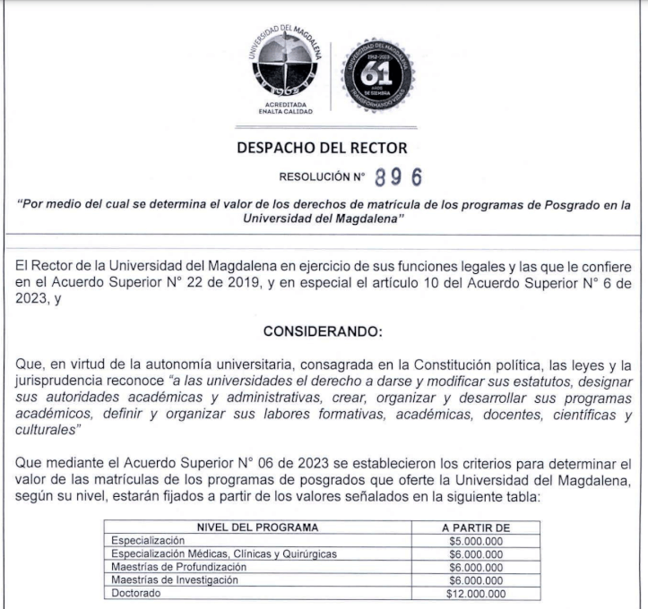 Por medio del cual se determina el valor de los derechos de matricula para los programas de posgrado en la Universidad del Magdalena