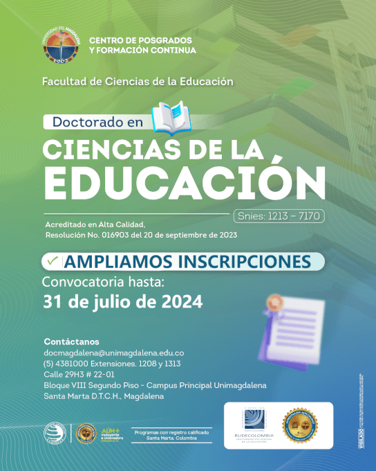 Convocatoria de admisión cohorte 99-8 del Doctorado en Ciencias de la Educación Rudecolombia de la Universidad del Magdalena