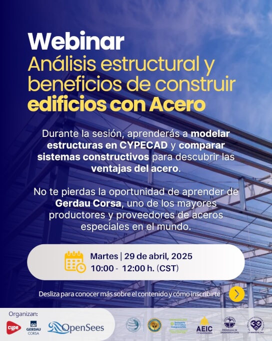 "Análisis estructural y beneficios de construir edificios con Acero", con ilustraciones de estructuras metálicas y el logotipo de CYPECAD.