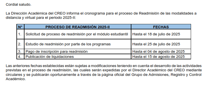 Calendario Readmisión 2025-II
