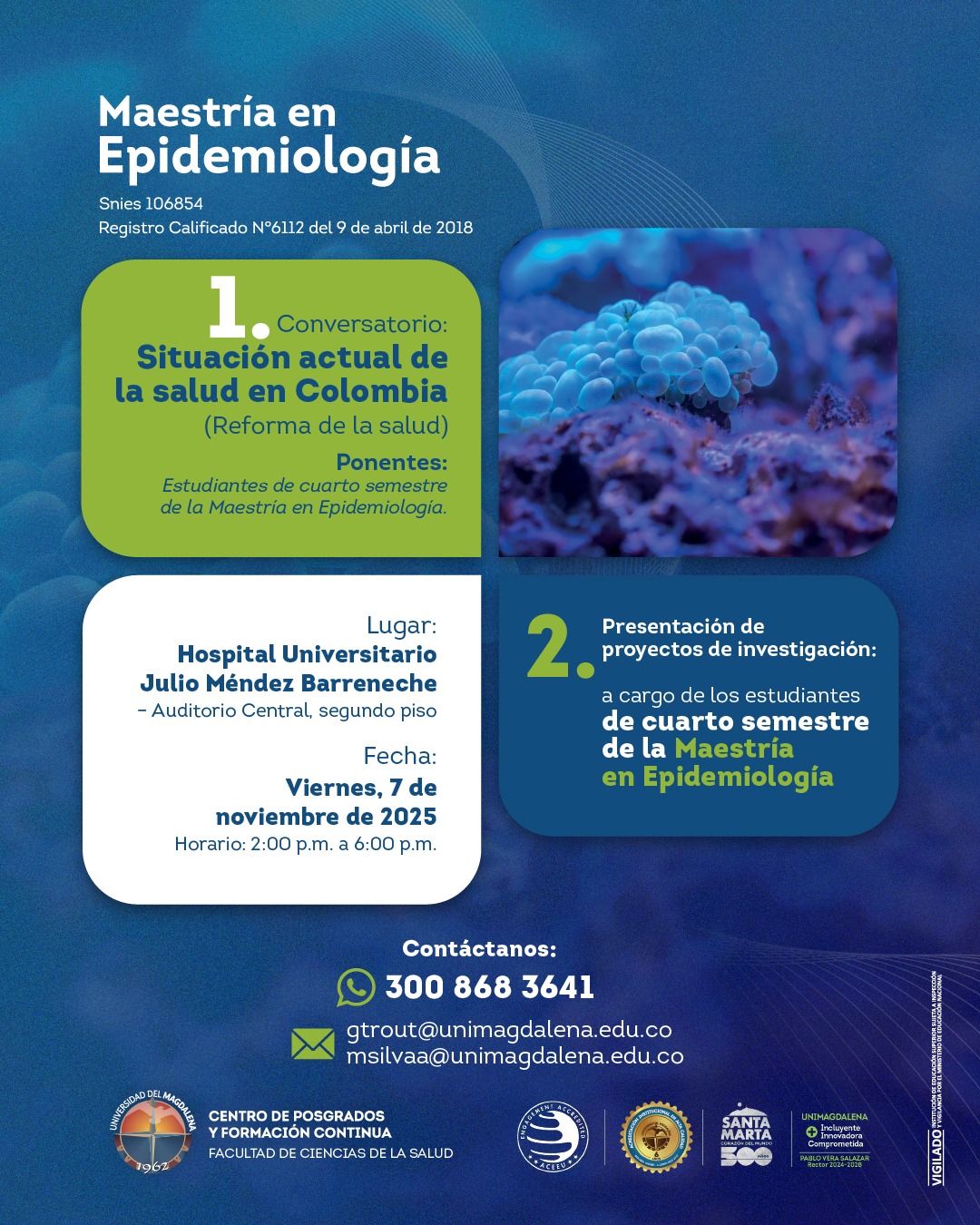 Banne promocional de la Maestría en Epidemiología de la Universidad del Magdalena, anunciando un conversatorio sobre la situación de la salud en Colombia y presentación de proyectos de investigación, programado para el viernes, 7 de noviembre de 2025